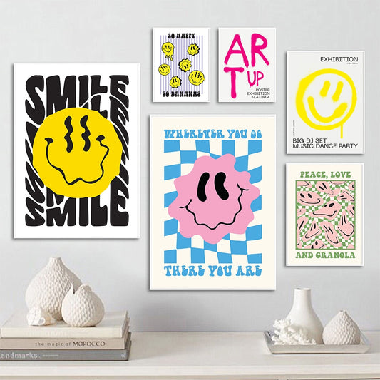 Abstract Smiley Distortion Wall Poster Print Music Dance Party Kids Gift Canvas Painting Room Home Decor Art Quote Text Picture